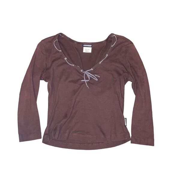 Y2K Joe Boxer Size Small 3/4 Sleeve V Neck Blouse Western Lace Up Neck Detail - Picture 1 of 4